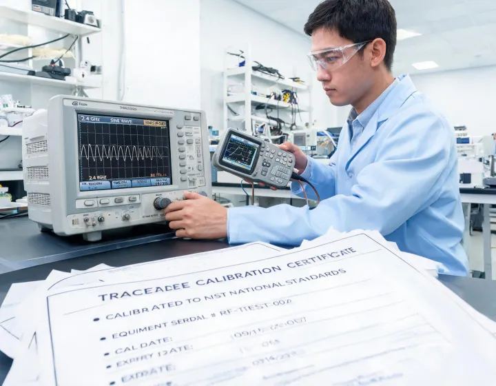 Engineer taking RF lab measurement with Tektronix instruments